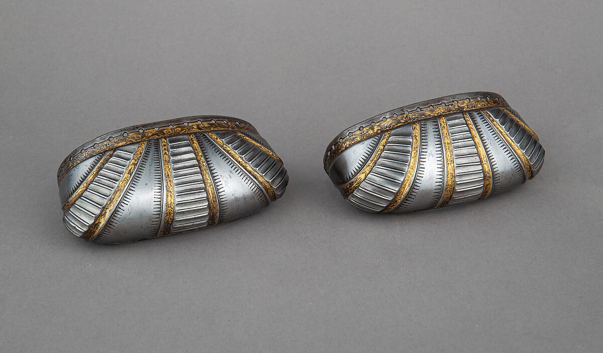 Toe Caps for a Pair of Foot Defenses (Sabatons), Steel, gold, German 