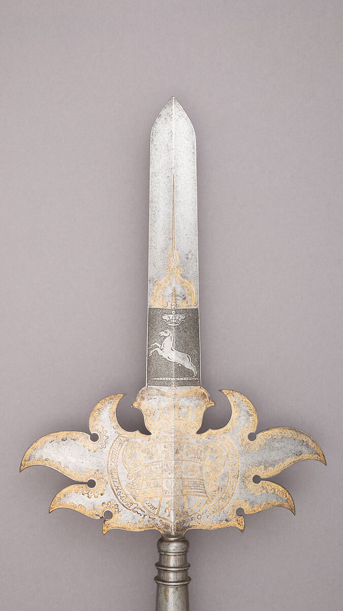 Partisan, Steel, wood, gold, textile (velvet), brass, German