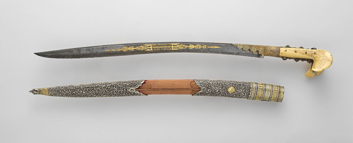 Sword (Yatagan) with Scabbard, Steel, wood, horn, silver, velvet, gold, Turkish