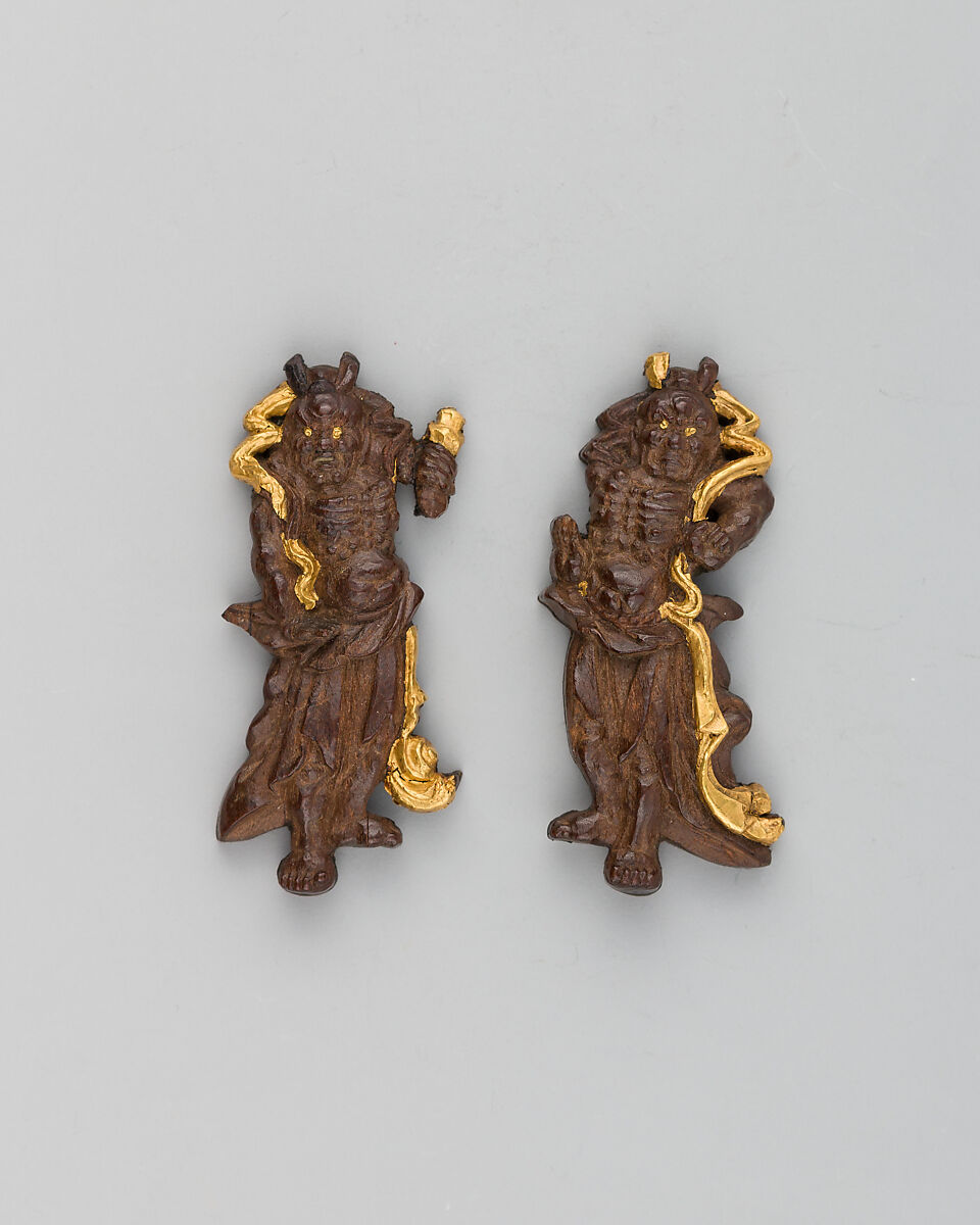 Pair of Sword-Grip Ornaments (Menuki), Possibly peach stone, copper, gold, Japanese 