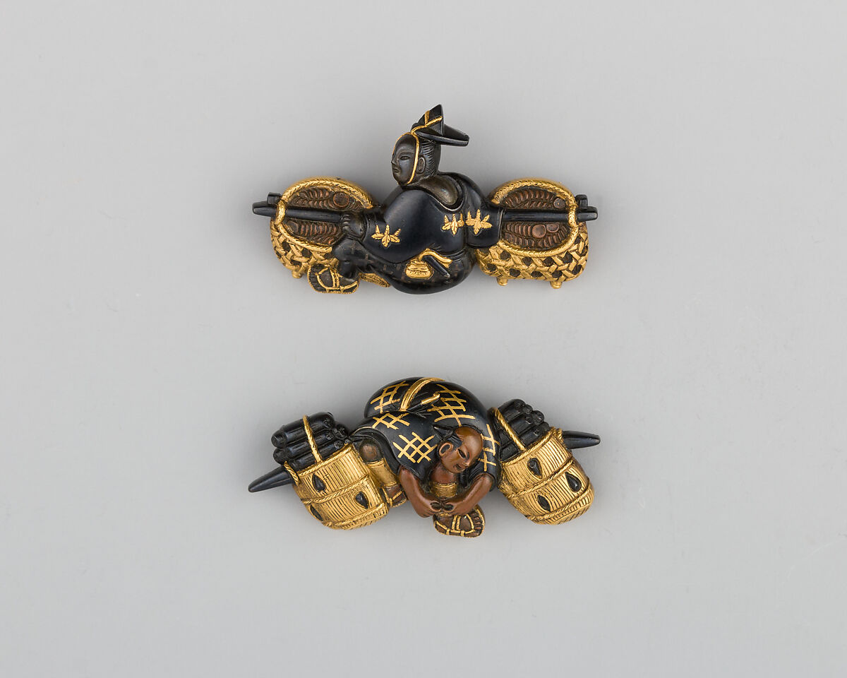 Pair of Sword-Grip Ornaments (Menuki), Copper-gold alloy (shakudō), gold, copper, Japanese 
