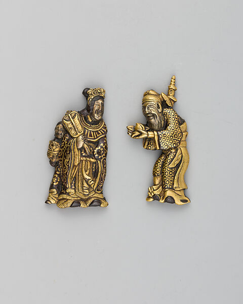 Pair of Sword-Grip Ornaments (Menuki), Copper-gold alloy (shakudō), gold, silver, Japanese 