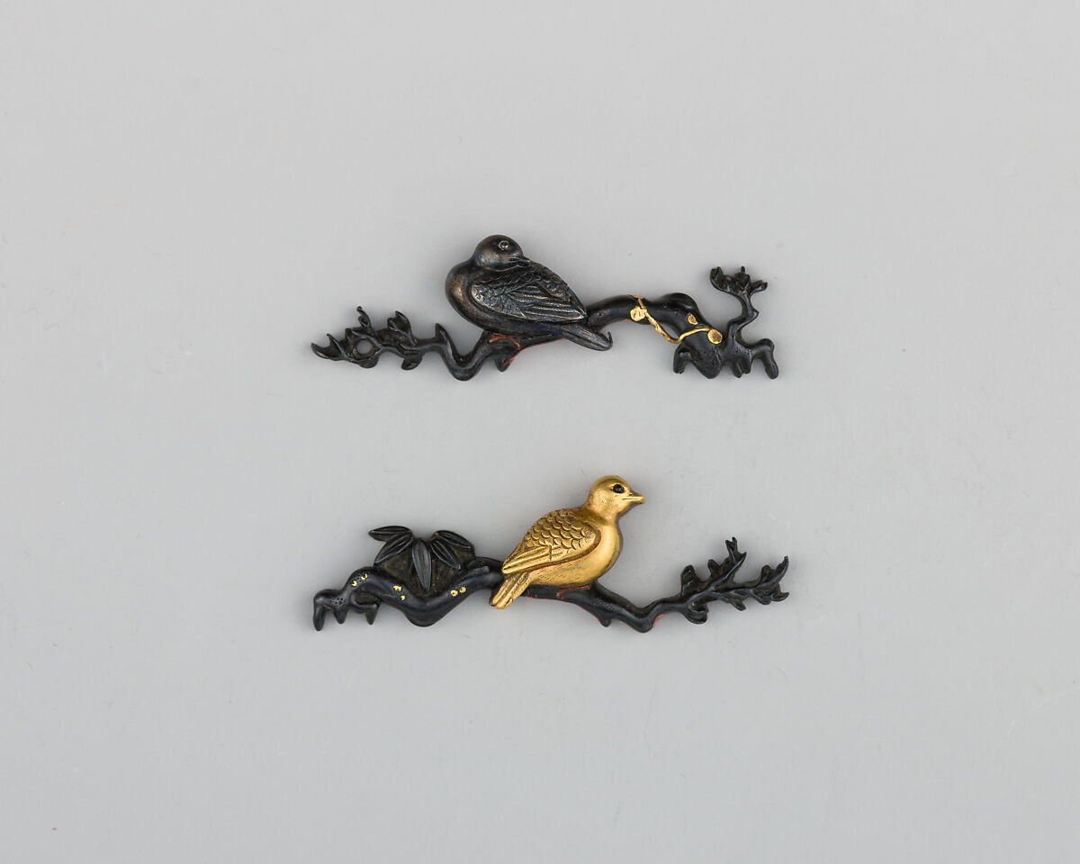 Pair of Sword-Grip Ornaments (Menuki), Copper-gold alloy (shakudō), gold, copper-silver alloy (shibuichi), copper, Japanese 