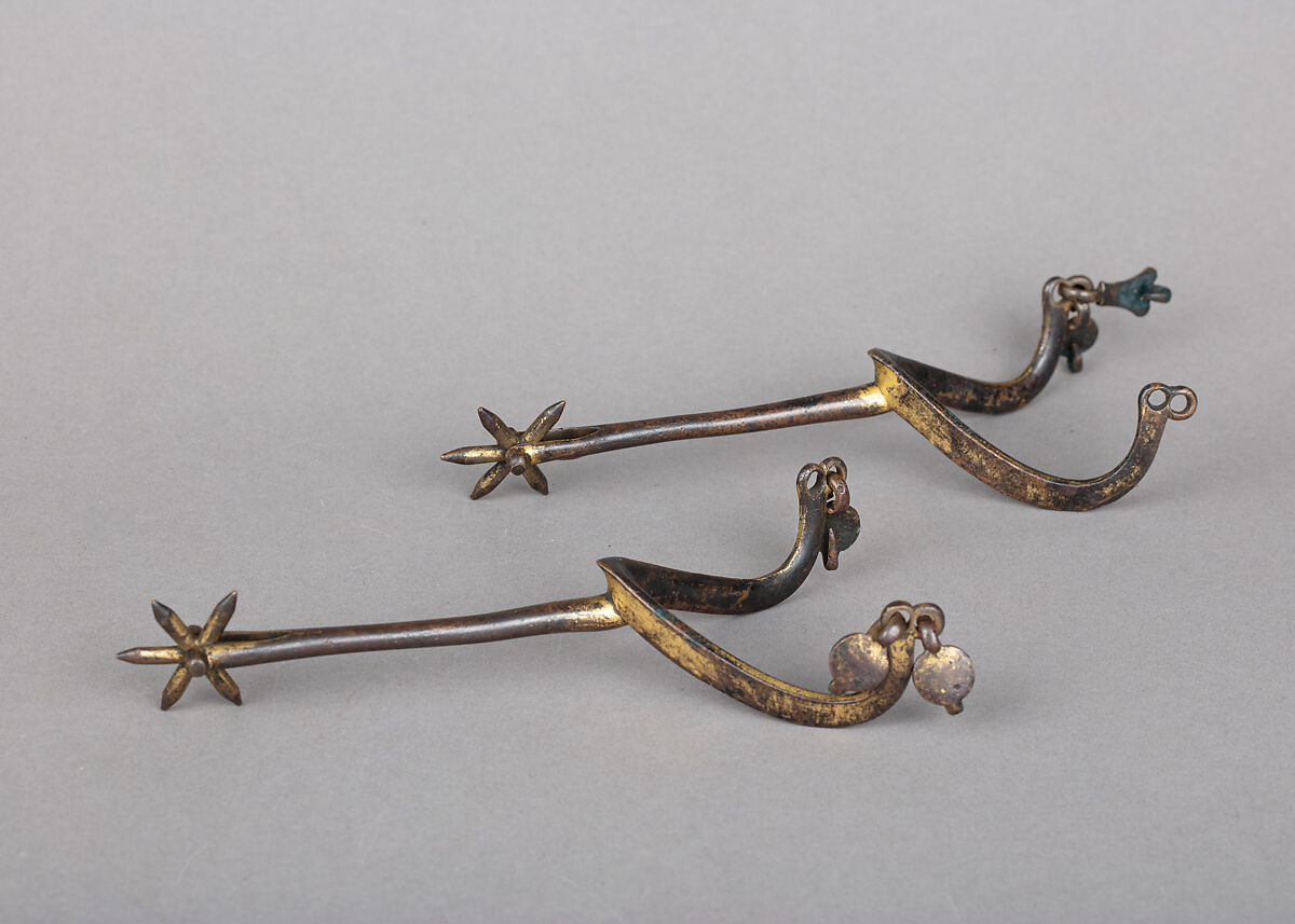 Pair of Rowel Spurs, Copper alloy, gold, French