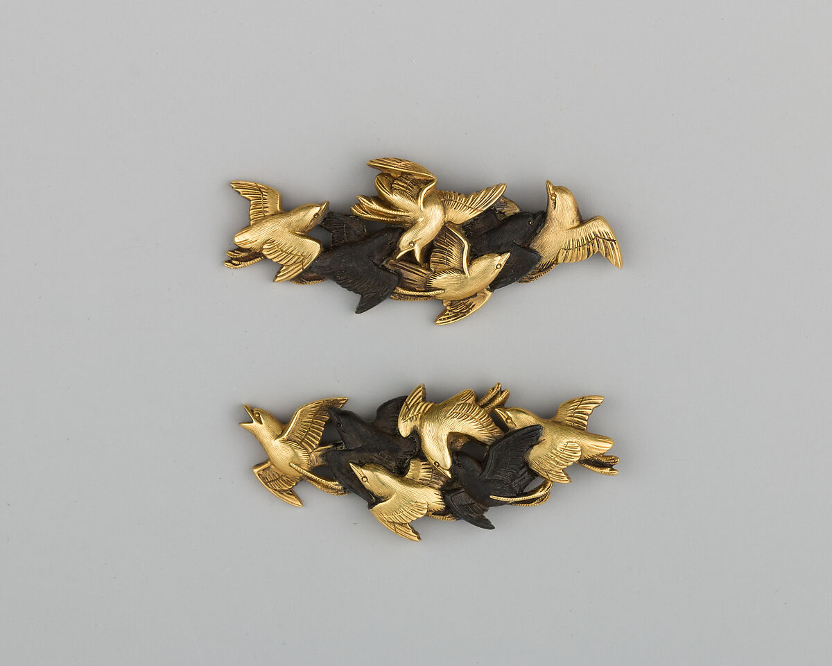 Pair of Sword-Grip Ornaments (Menuki), Copper-gold alloy (shakudō), gold, Japanese 