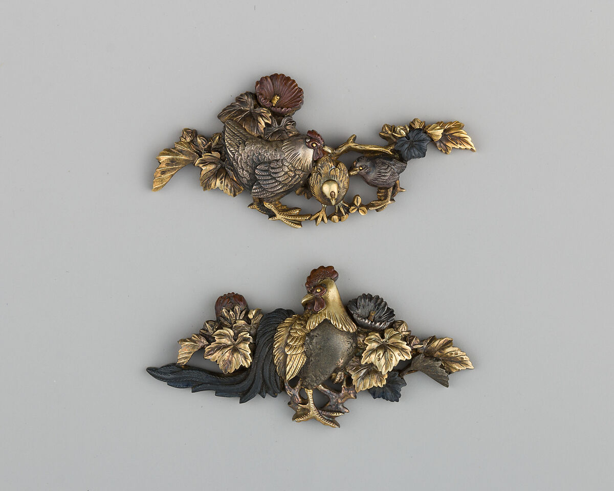 Pair of Sword-Grip Ornaments (Menuki), Copper-gold alloy (shakudō), gold, silver, copper, copper-silver alloy (shibuichi), Japanese 