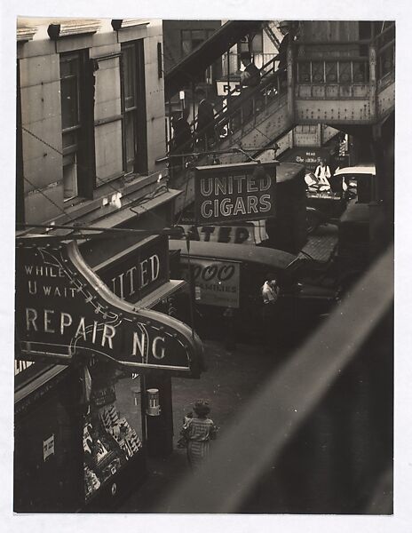 [Shoe Repair Service and Cigar Shop Seen from Elevated Train Platform, New York], Sid Grossman (American, 1913–1955), Gelatin silver print 