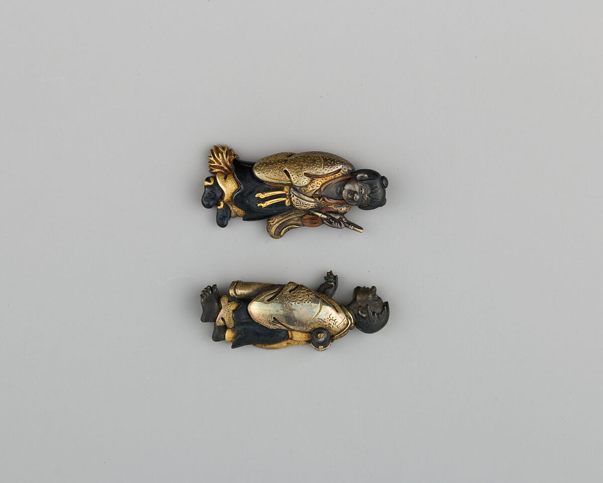 Pair of Sword-Grip Ornaments (Menuki), Copper-gold alloy (shakudō), copper, gold, silver, Japanese 