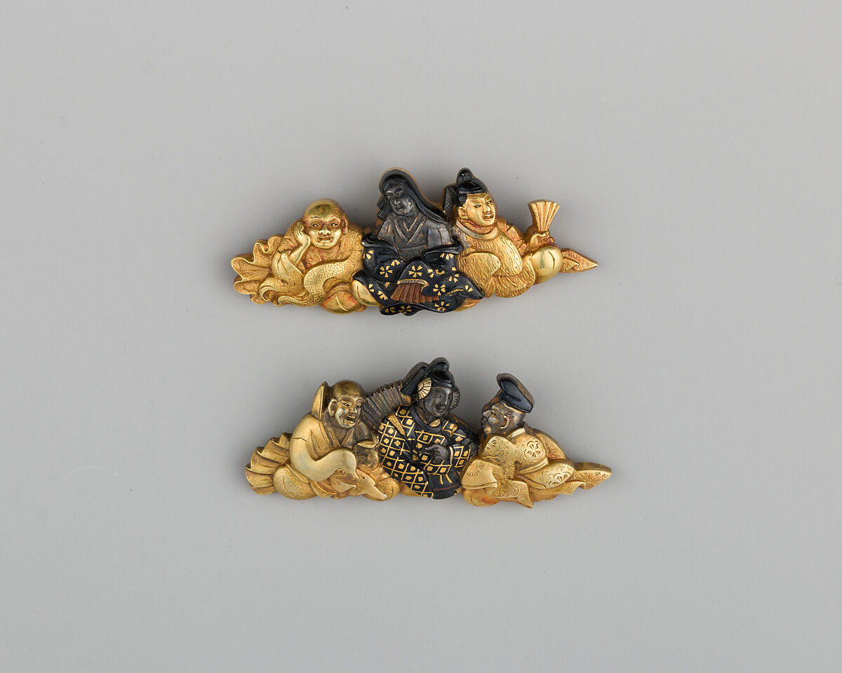 Pair of Sword-Grip Ornaments (Menuki), Copper-gold alloy (shakudō), copper, silver, gold, Japanese 