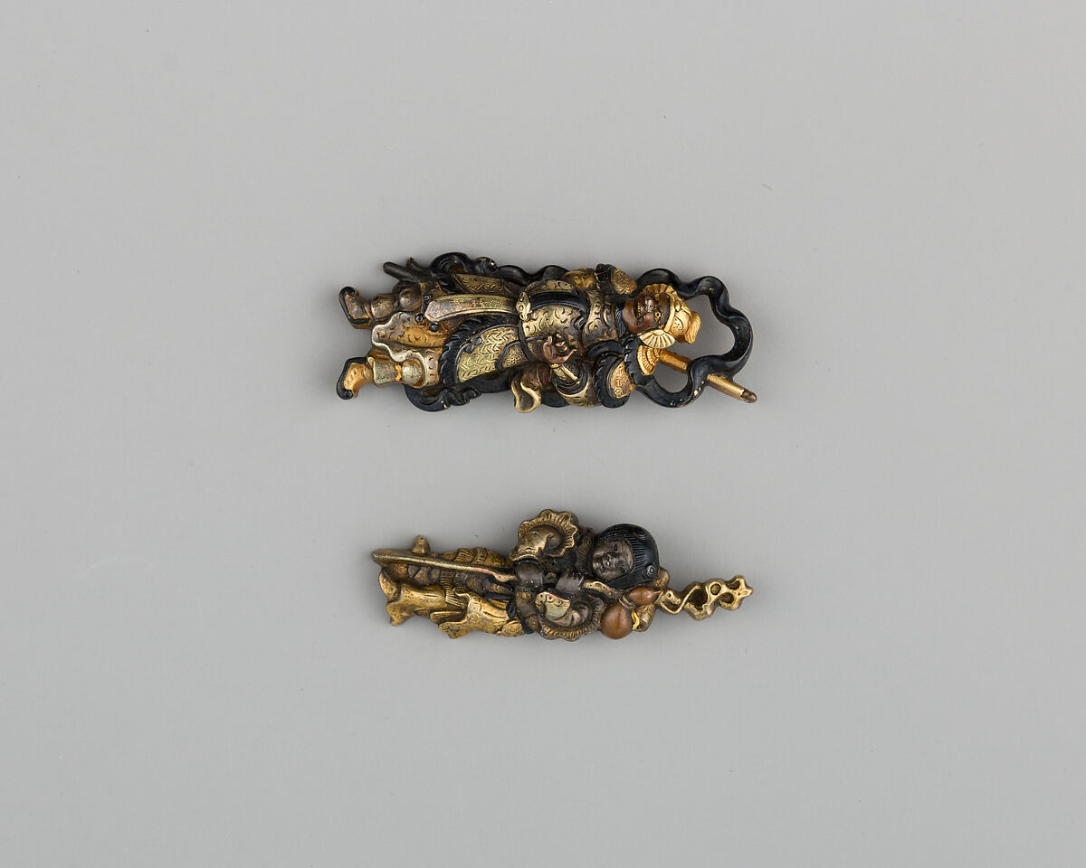 Pair of sword-Grip Ornaments (Menuki), Copper-gold alloy (shakudō), copper, gold, silver, Japanese 