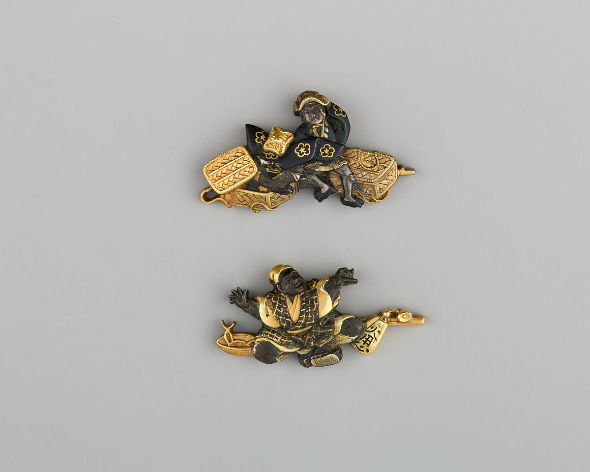 Pair of Sword-Grip Ornaments (Menuki), Copper-gold alloy (shakudō), copper-silver alloy (shibuichi), silver, gold, Japanese 