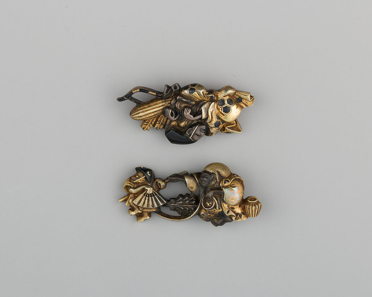 Pair of Sword-Grip Ornaments (Menuki), Copper-gold alloy (shakudō), copper-silver alloy (shibuichi), silver, gold, Japanese 