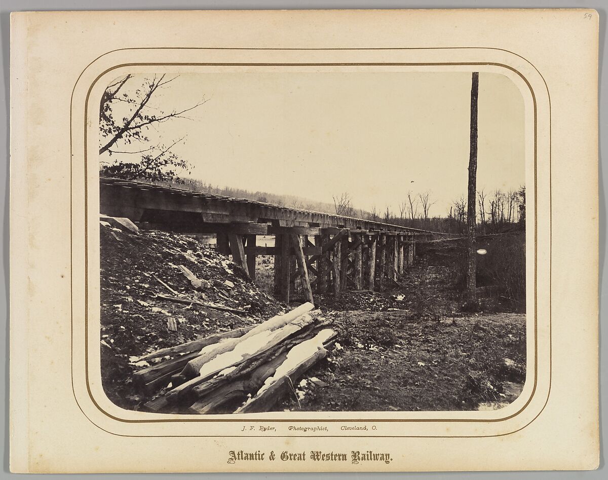 [Winter Scene with Trestle Bridge Along the Atlantic & Great Western Railway], James Fitzallen Ryder (American, 1826–1904), Albumen silver print from glass negative 