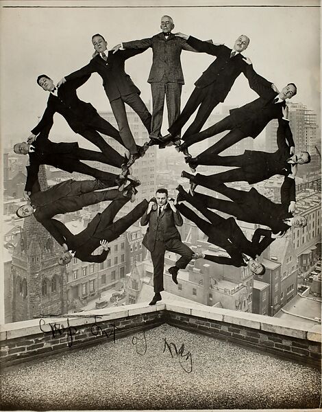 [Man on Rooftop with Eleven Men in Formation on His Shoulders], Unknown (American), Gelatin silver print 
