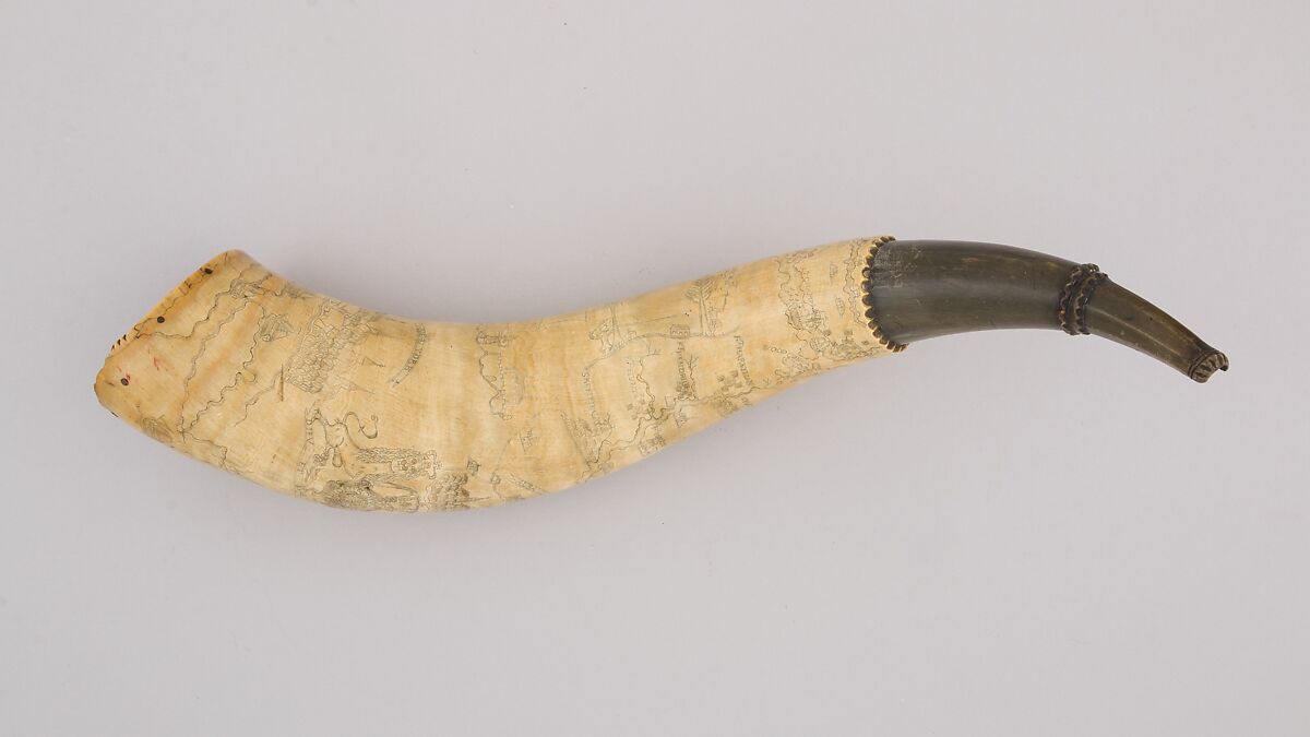 Powder Horn, Horn (cow), wood, pigment, American