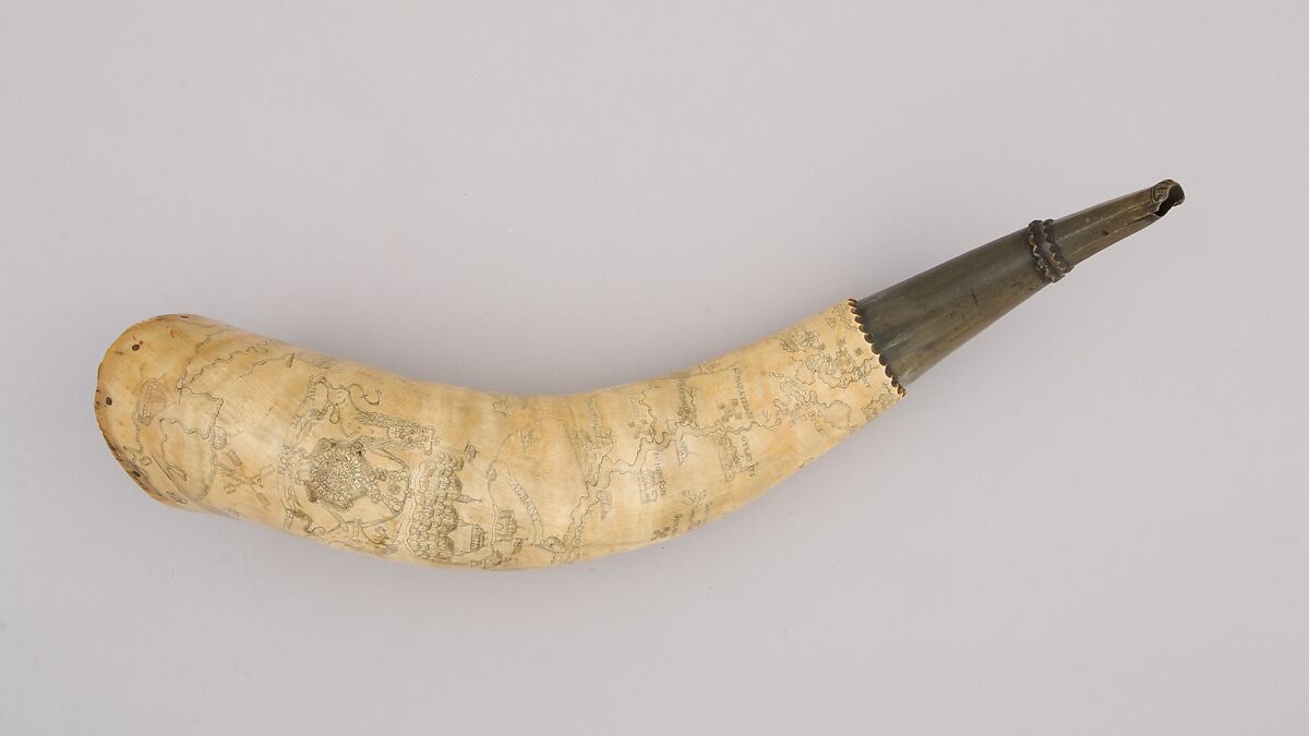 Powder Horn, Horn (cow), wood, pigment, American