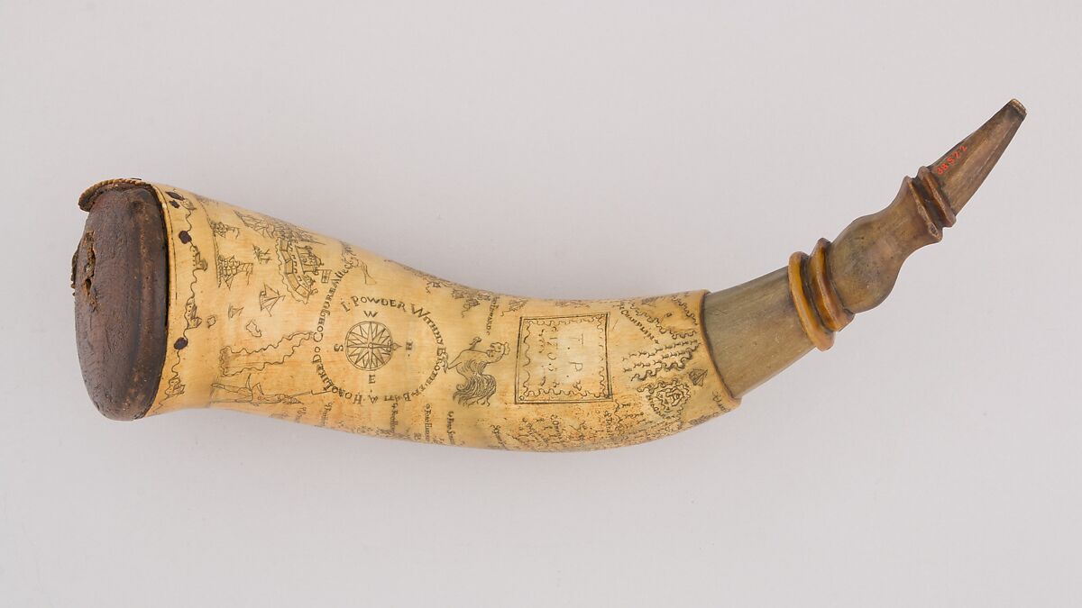 Powder Horn, Horn (cow), wood, pigment, Colonial American