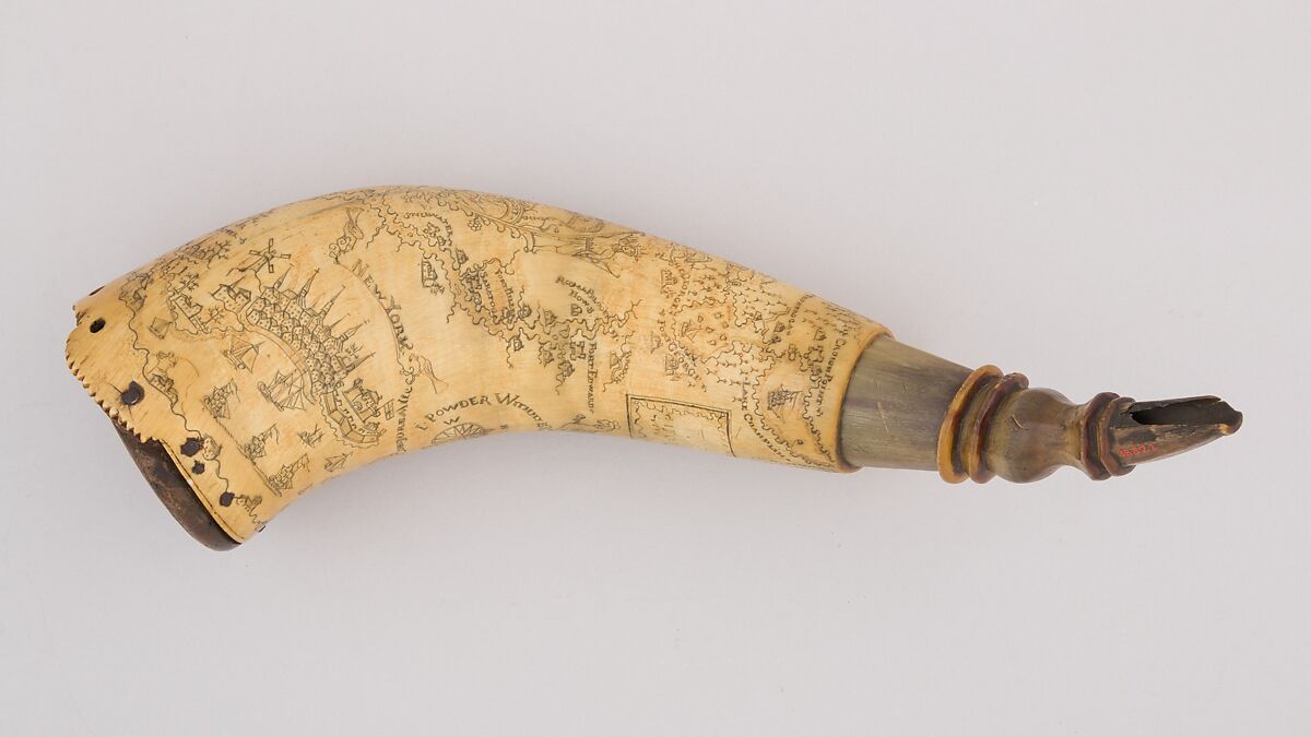 Powder Horn, Horn (cow), wood, pigment, Colonial American