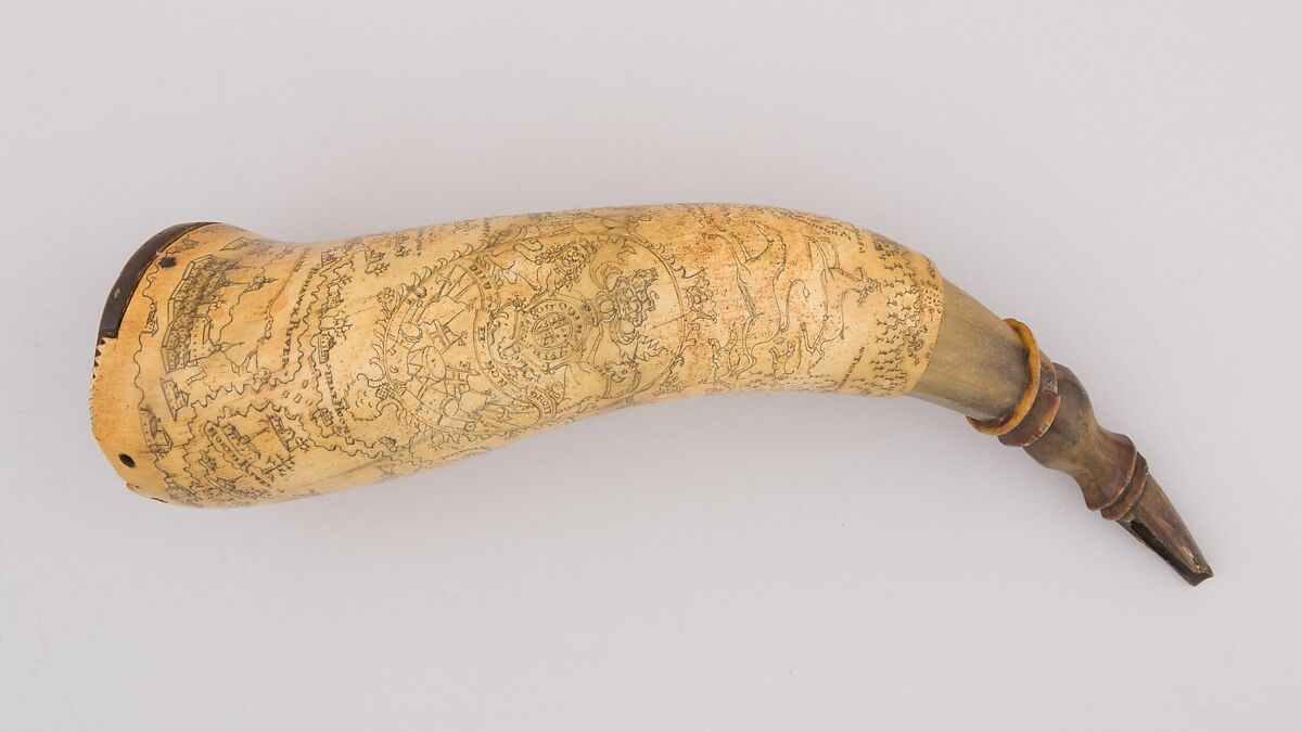Powder Horn, Horn (cow), wood, pigment, Colonial American