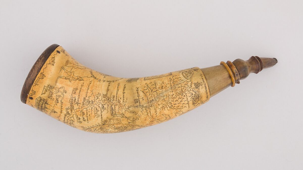 Powder Horn, Horn (cow), wood, pigment, Colonial American 