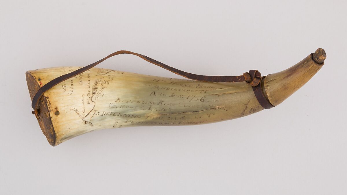 Powder Horn, Horn (cow), wood, leather, American