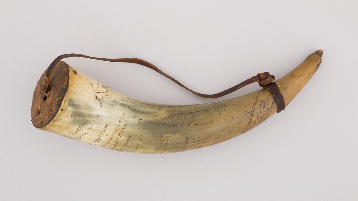 Powder Horn, Horn (cow), wood, leather, American 