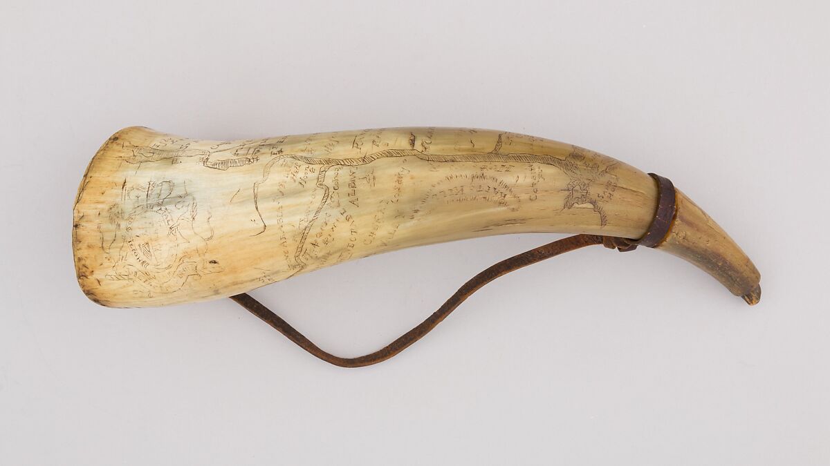 Powder Horn, Horn (cow), wood, leather, American