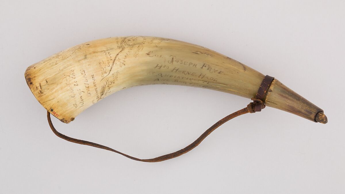 Powder Horn, Horn (cow), wood, leather, American