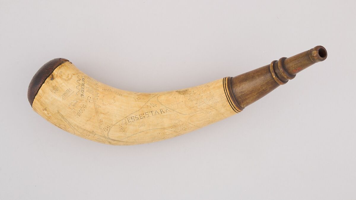 Powder Horn, Horn (cow), wood (applewood), brass, iron, American 