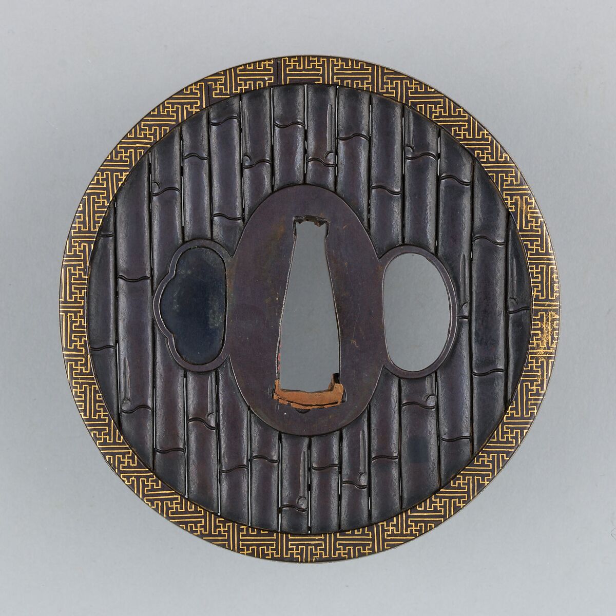Sword Guard (Tsuba), Copper-gold alloy (shakudō), gold, copper, Japanese