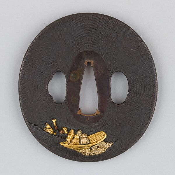 Sword Guard (Tsuba), Copper-gold alloy (shakudō), gold, copper, Japanese