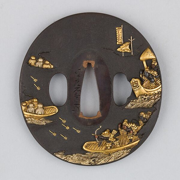 Sword Guard (Tsuba), Copper-gold alloy (shakudō), gold, copper, Japanese 