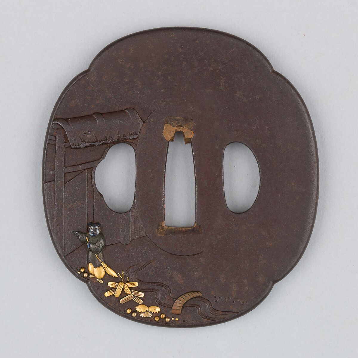 Sword Guard (Tsuba), Iron, gold, silver, copper, copper-gold alloy (shakudō), Japanese