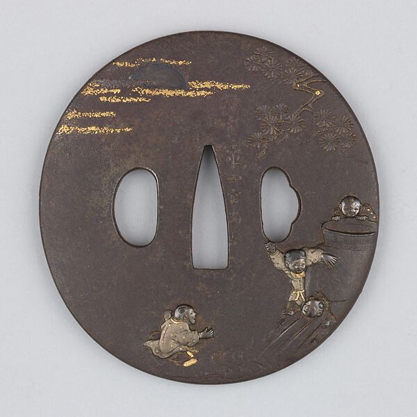 Sword Guard (Tsuba), Iron, gold, silver, copper-gold alloy (shakudō), copper, Japanese 