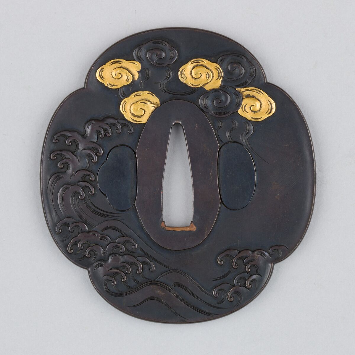 Sword Guard (Tsuba), Copper-gold alloy (shakudō), gold, copper, Japanese
