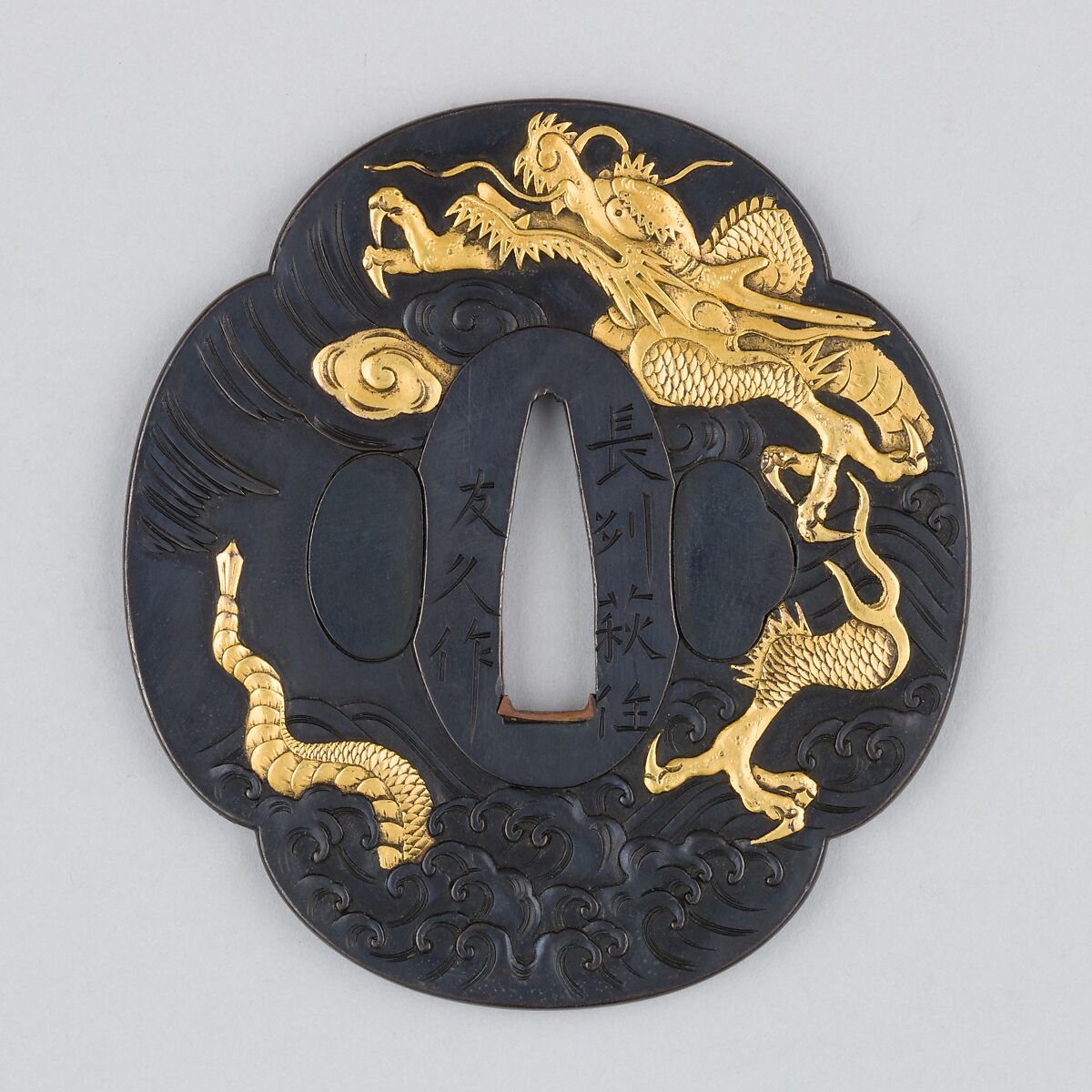 Sword Guard (Tsuba), Copper-gold alloy (shakudō), gold, copper, Japanese 