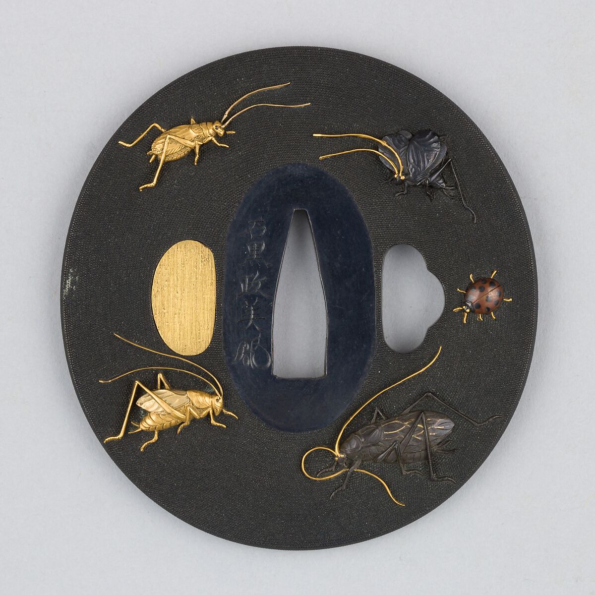 Sword Guard (Tsuba), Copper-gold alloy (shakudō), gold, copper-silver alloy (shibuichi), copper, Japanese 