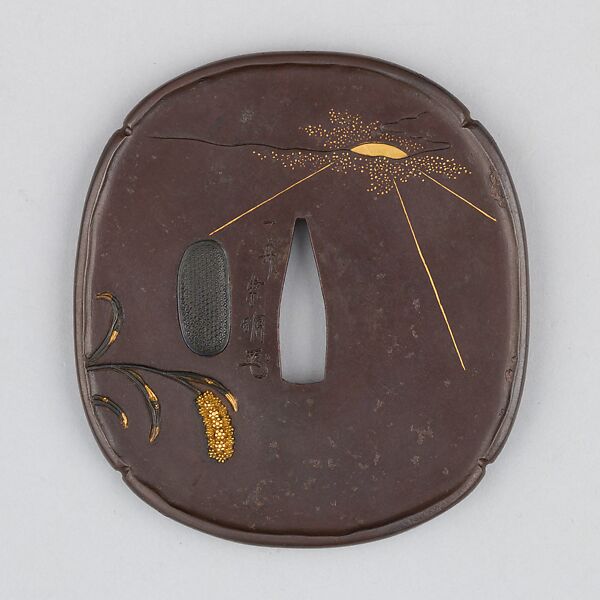 Sword Guard (Tsuba), Iron, gold, copper-gold alloy (shakudō), copper, Japanese