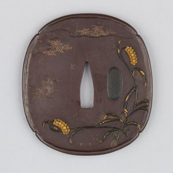 Sword Guard (Tsuba), Iron, gold, copper-gold alloy (shakudō), copper, Japanese 