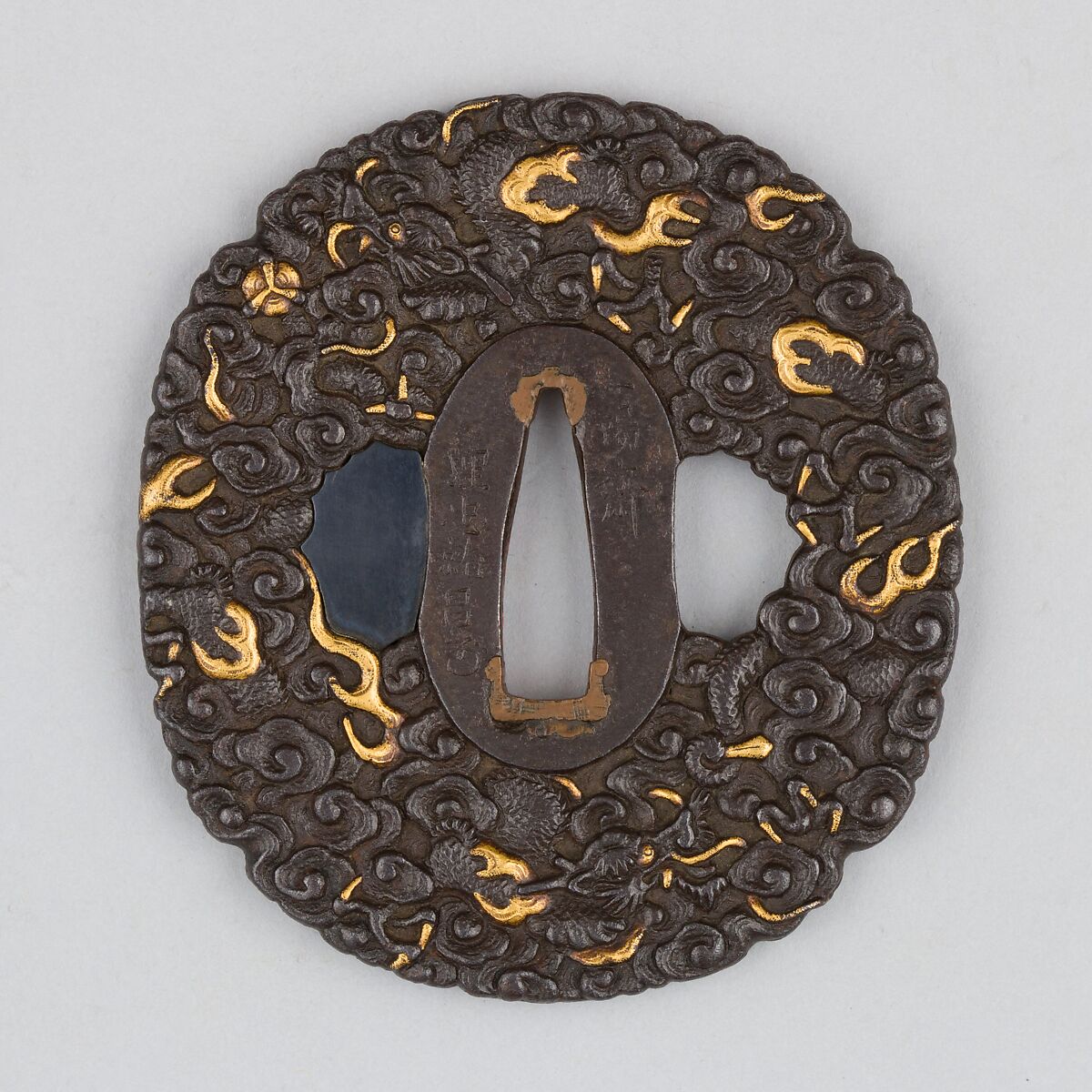 Sword Guard (Tsuba), Iron, gold, copper-gold alloy (shakudō), copper, Japanese 