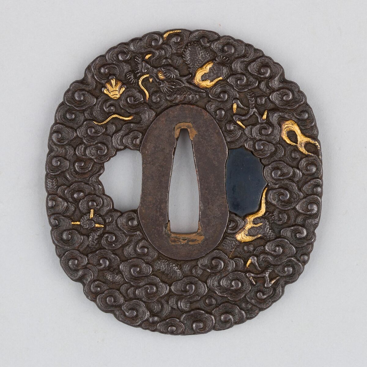 Sword Guard (Tsuba), Iron, gold, copper-gold alloy (shakudō), copper, Japanese