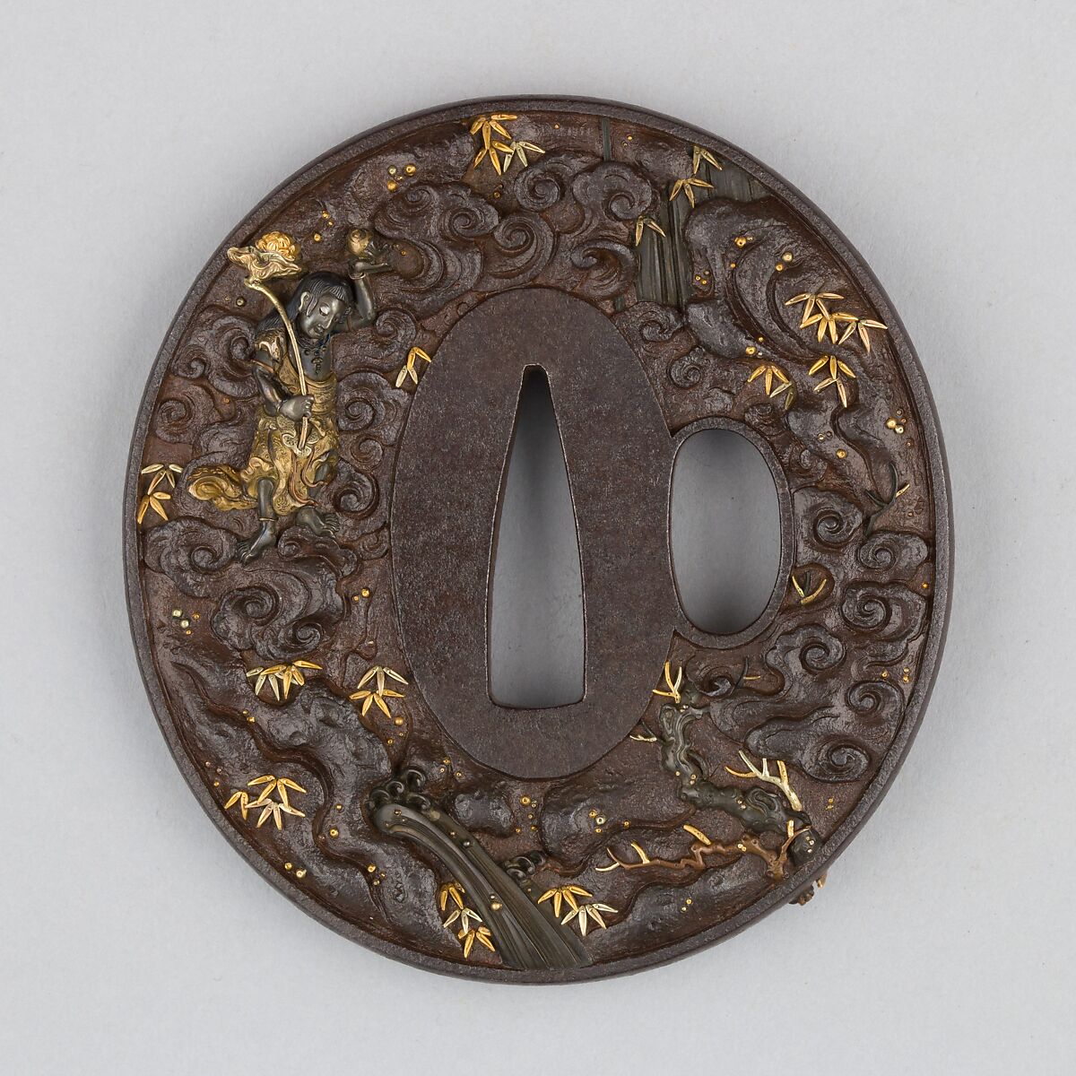 Sword Guard (Tsuba), Iron, gold, copper, copper-gold alloy (shakudō), Japanese