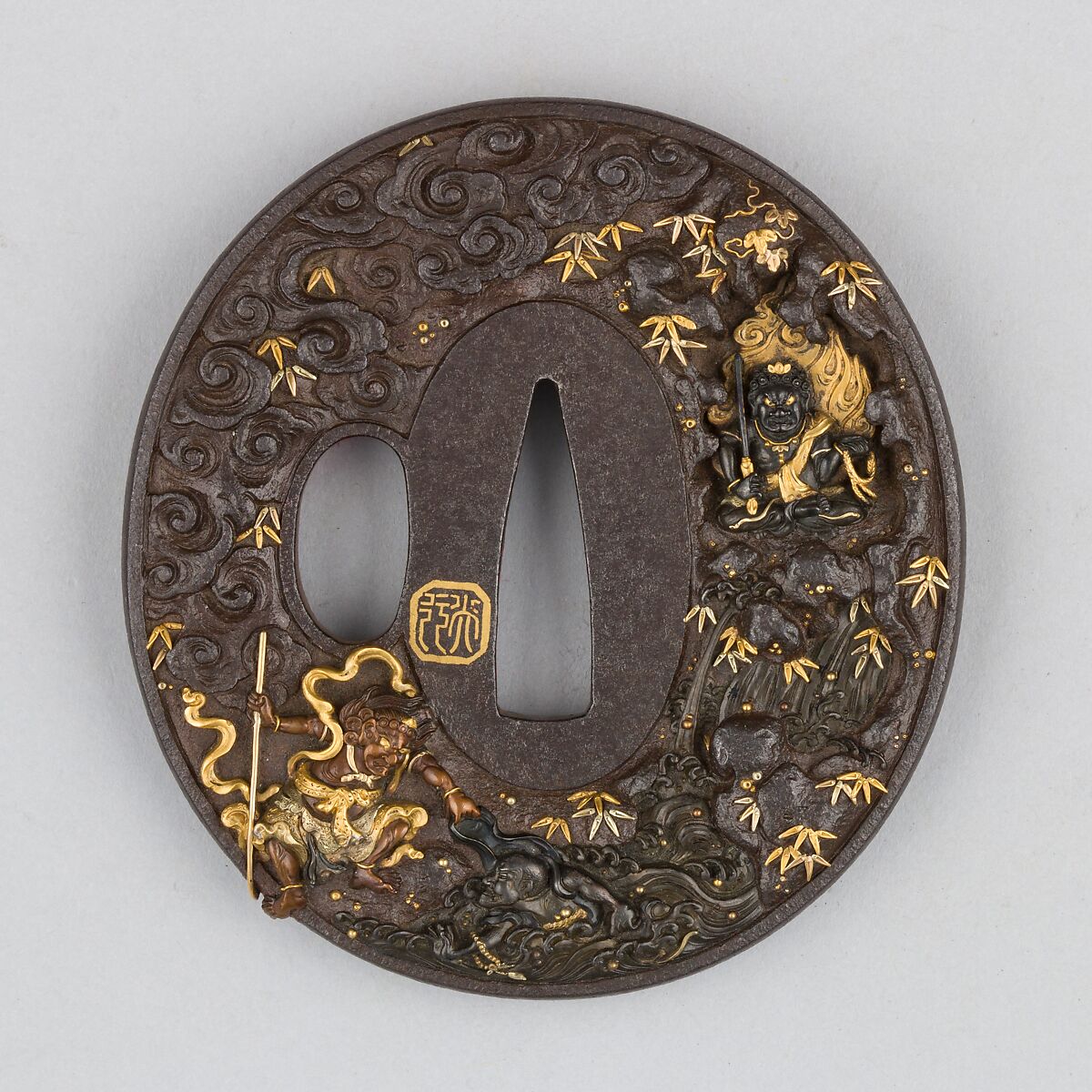 Sword Guard (Tsuba), Iron, gold, copper, copper-gold alloy (shakudō), Japanese 