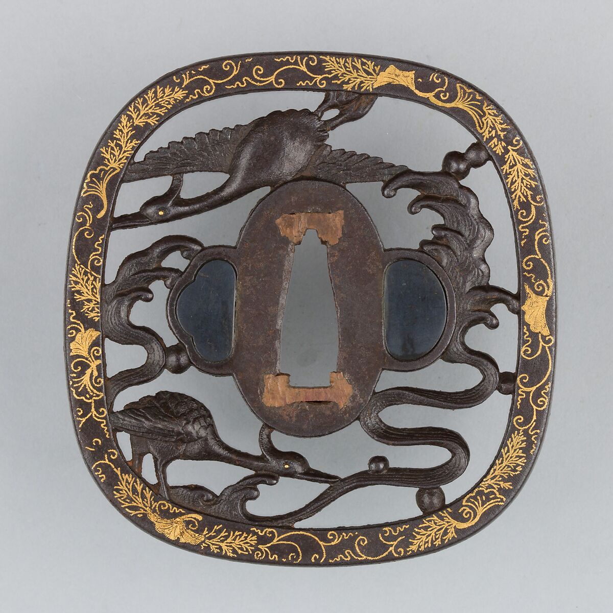 Sword Guard (Tsuba), Iron, gold, copper-gold alloy (shakudō), copper, Japanese