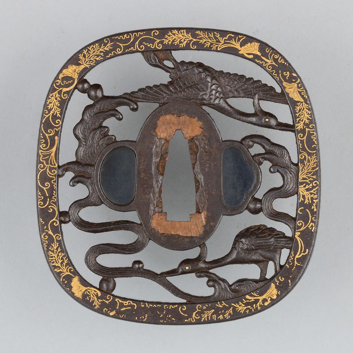 Sword Guard (Tsuba), Iron, gold, copper-gold alloy (shakudō), copper, Japanese 