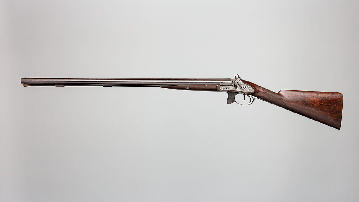 Double-Barreled Side-by-Side Tube-Lock Shotgun with Case, Joseph Manton (British, Grantham, Lincolnshire 1766–1835 London), Steel, wood (walnut, mahogany), horn, brass, silver, British, London 