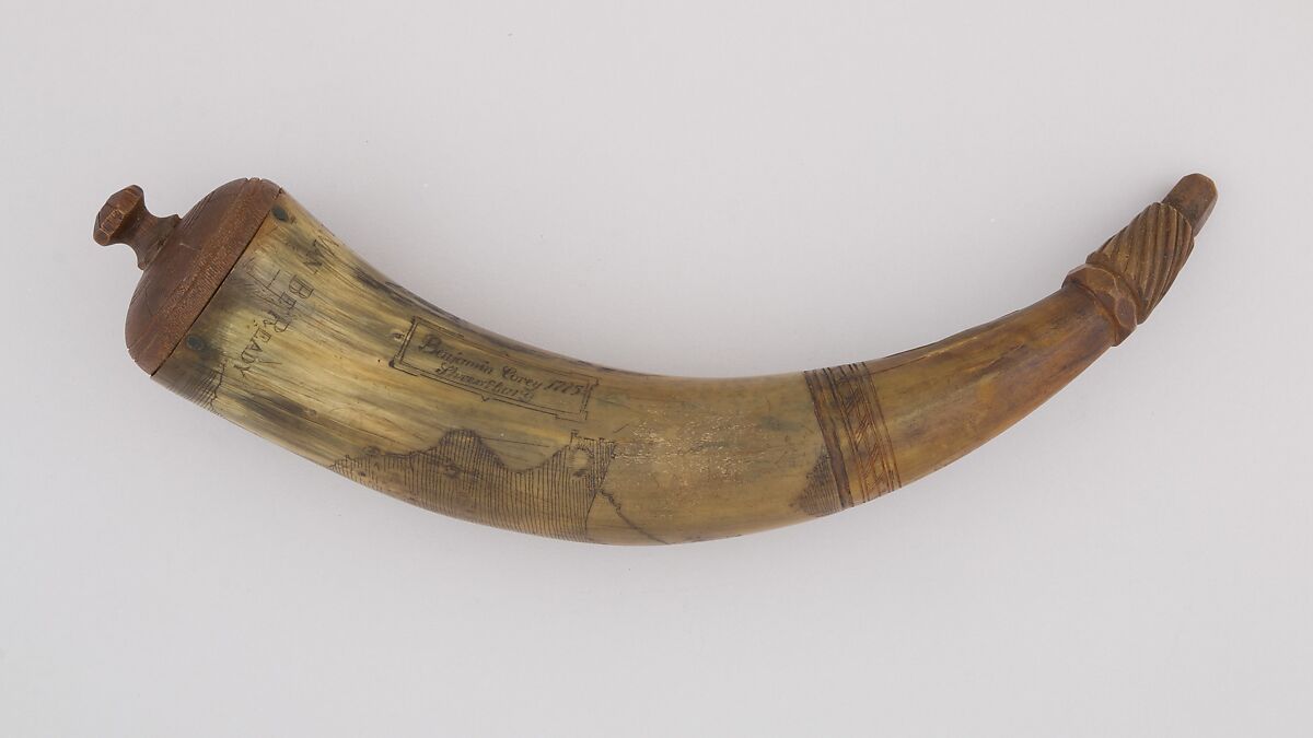 Powder Horn, Horn (cow), wood, Colonial American, Concord, Massachussets 