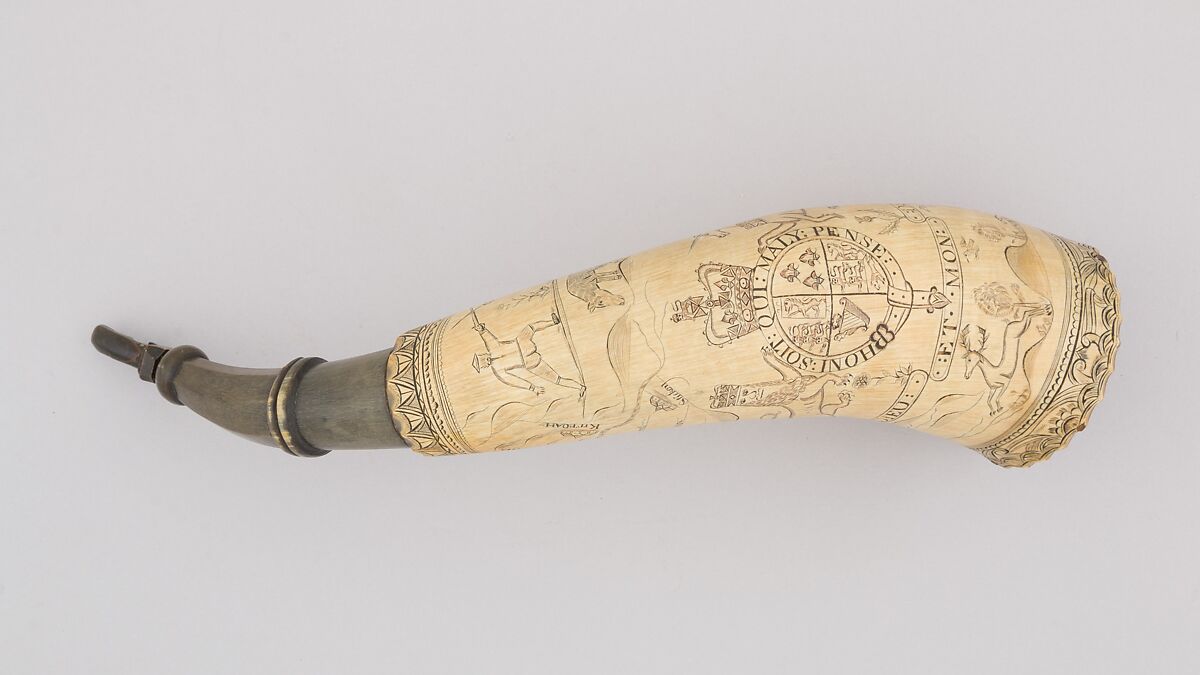 Powder Horn, Horn (cow), wood, American