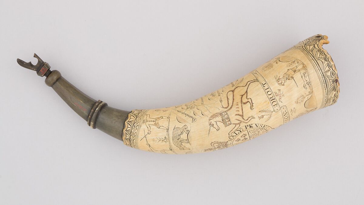 Powder Horn, Horn (cow), wood, American 