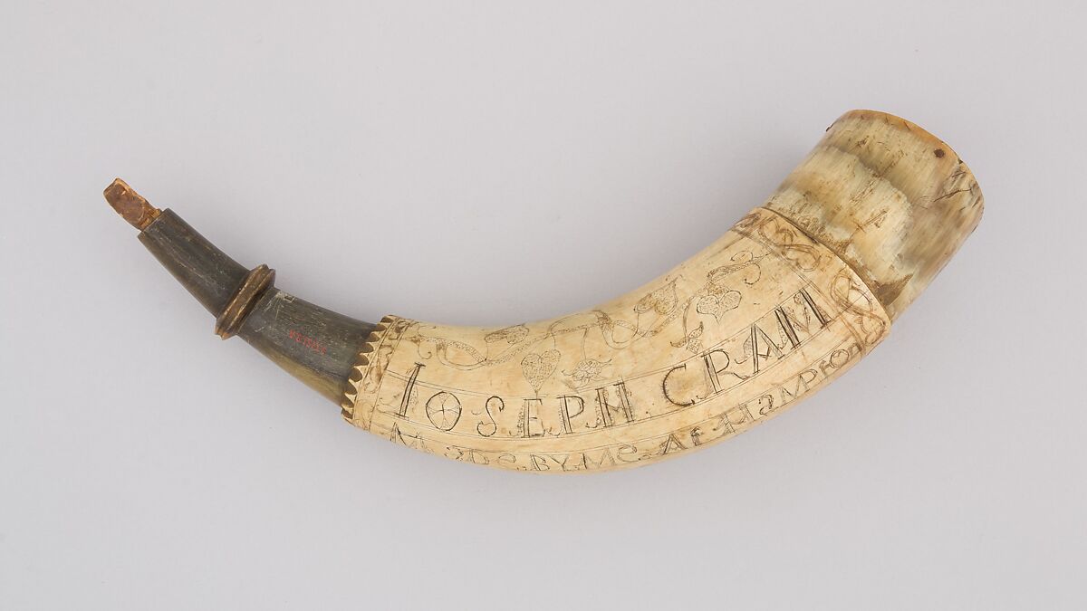 Powder Horn, Joseph Cram, Horn (cow), wood, Colonial American, Hampton Falls, New Hampshire 